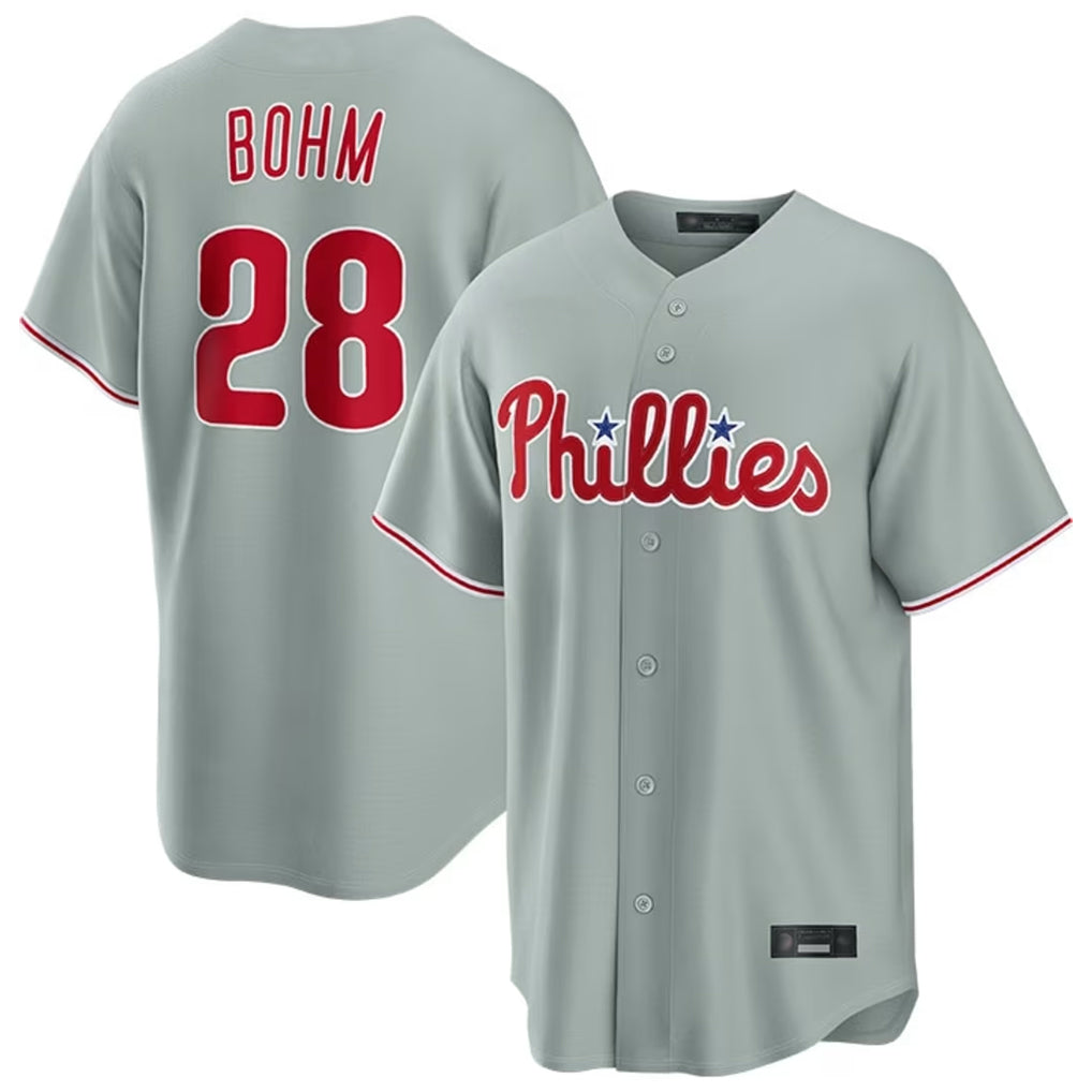 Blackjersey P.Phillies #28 Alec Bohm Player Gray Home Game Stitched Jerseys