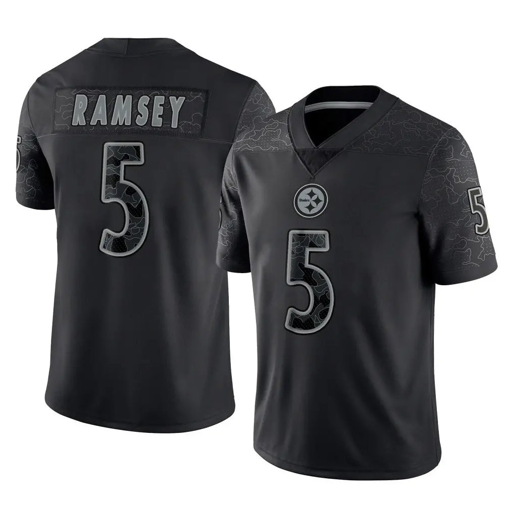 Blackjersey P.Steelers #5 Jalen Ramsey Player Black Reflective Limited Home Game Stitched Jerseys