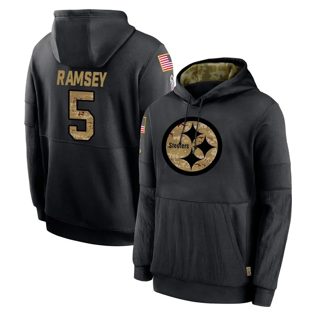 Blackjersey P.Steelers #5 Jalen Ramsey Player Black Salute to Service Hoodies Limited Game Stitched Jerseys
