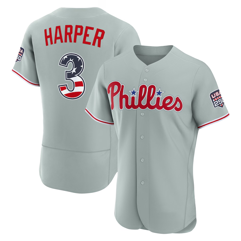 Blackjersey PH.Phillies #3 Bryce Harper Gray USA 250 Fourth of July Road Authentic Jersey