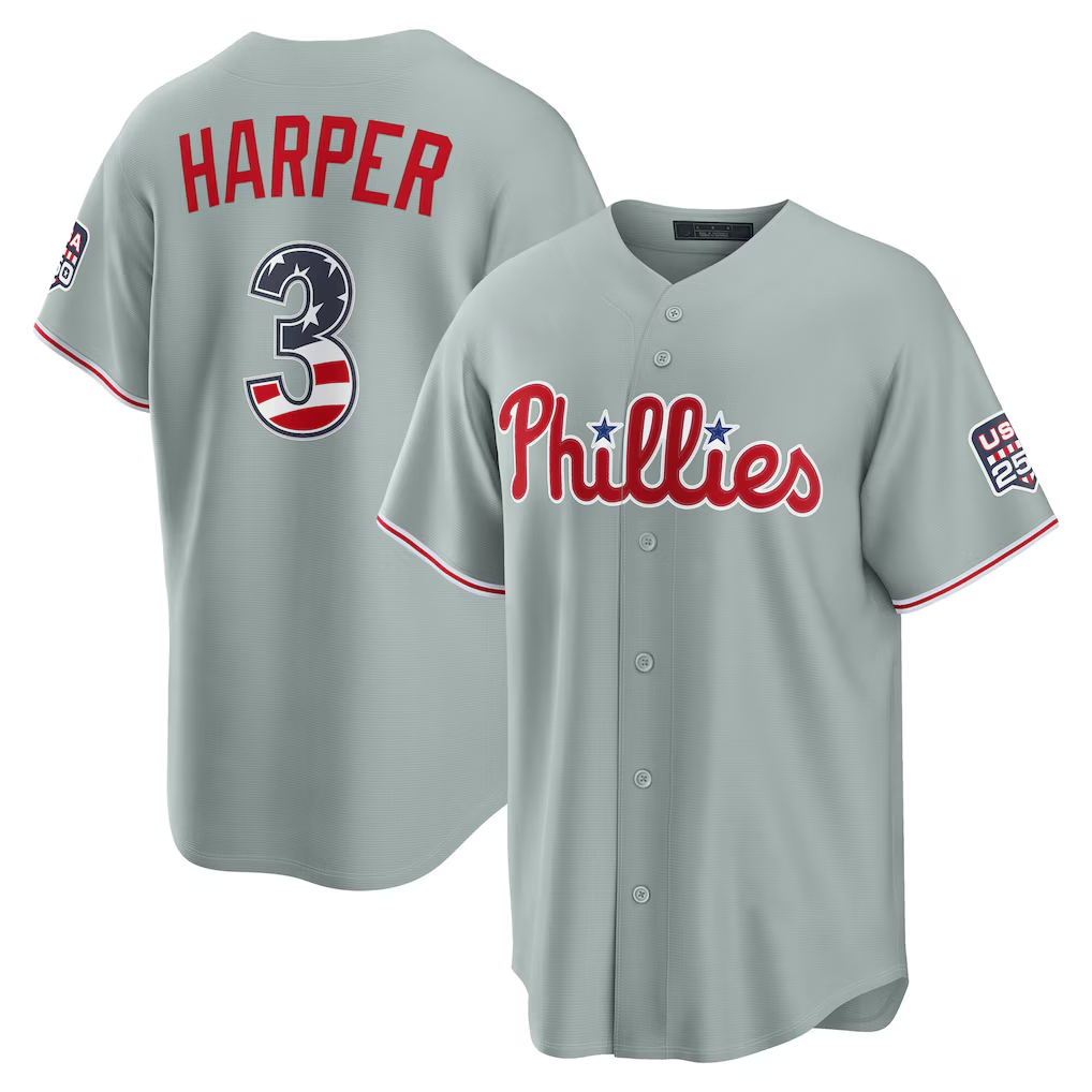 Blackjersey PH.Phillies #3 Bryce Harper Gray USA 250 Fourth of July Road Stadium Jersey