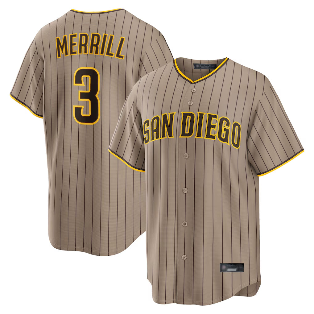 Blackjersey S.Diego Padres #3 Jackson Merrill Player Khaki Home Game Stitched Jerseys