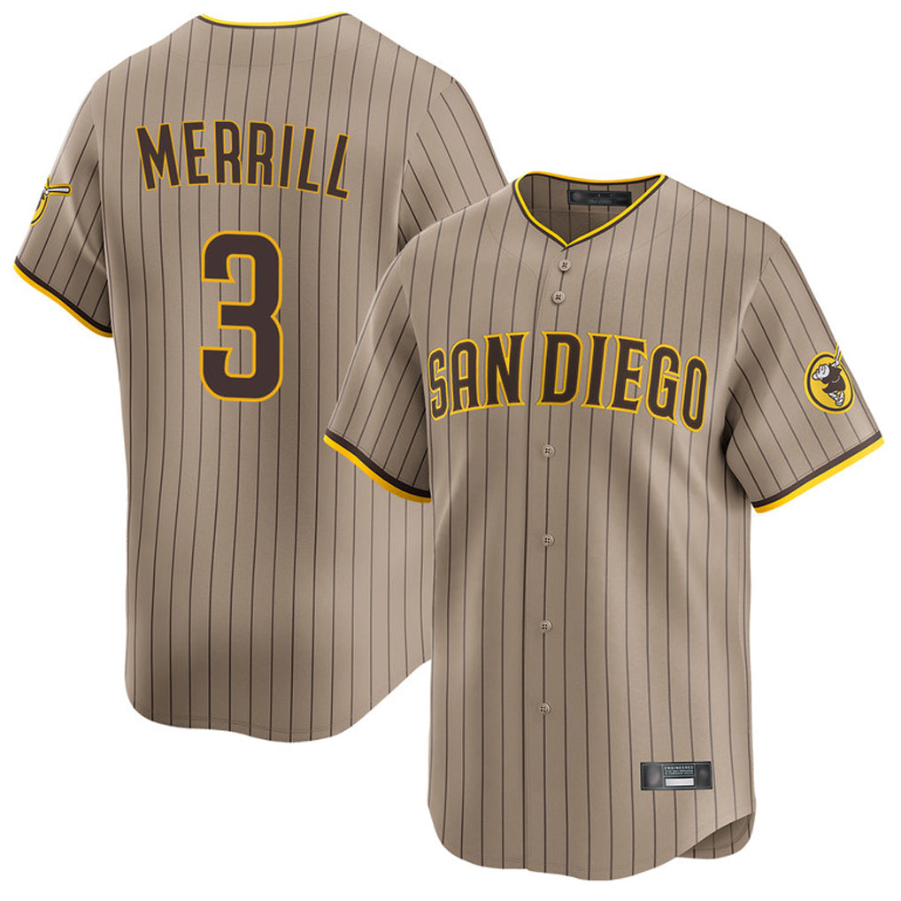 Blackjersey S.Diego Padres #3 Jackson Merrill Player Khaki Home Limited Stitched Jerseys