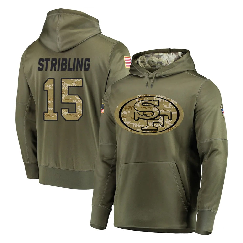 Blackjersey SF.49ers #15 De'Zhaun Stribling Player Olive Salute to Service Pullover Hoodie Home Game Stitched Jerseys
