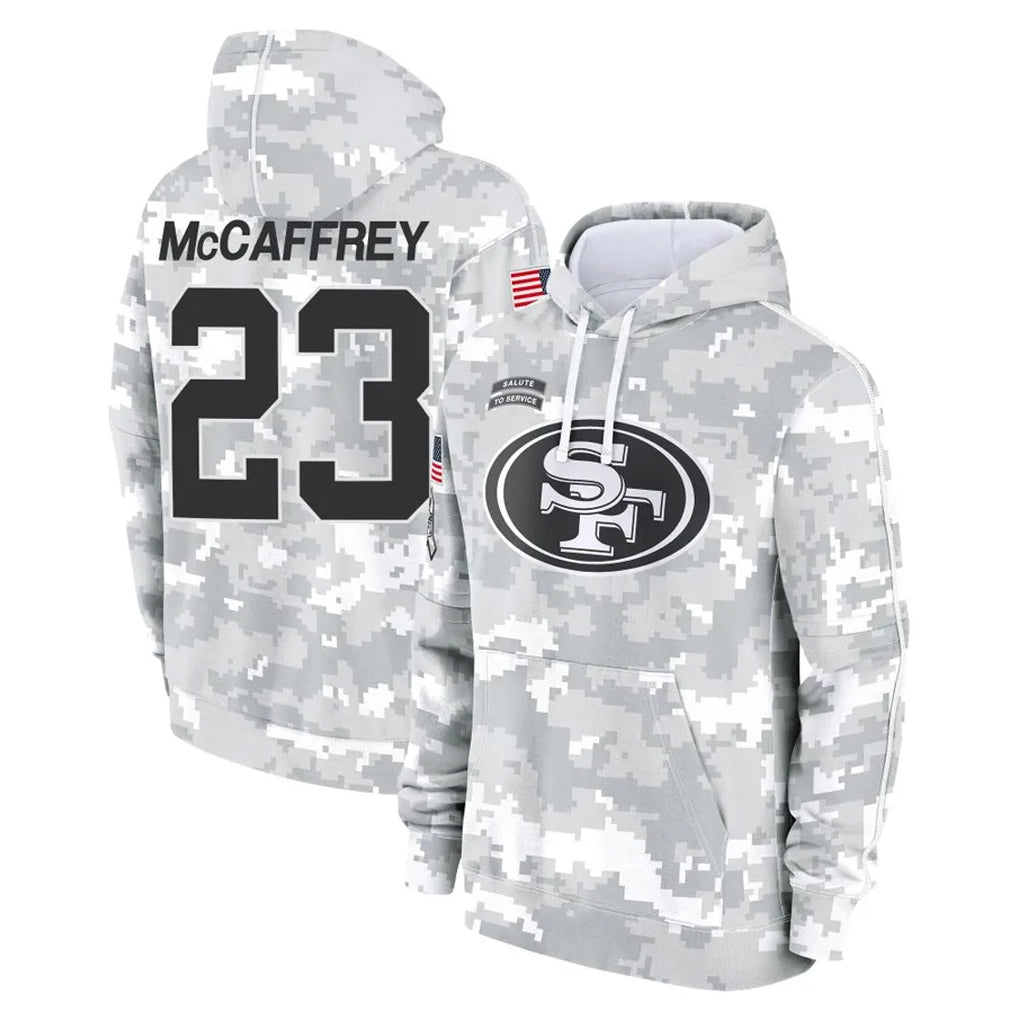 Blackjersey SF.49ers #23 Christian McCaffrey Player Arctic Camo Limited Salute to Service Pullover Hoodies Game Stitched Jerseys