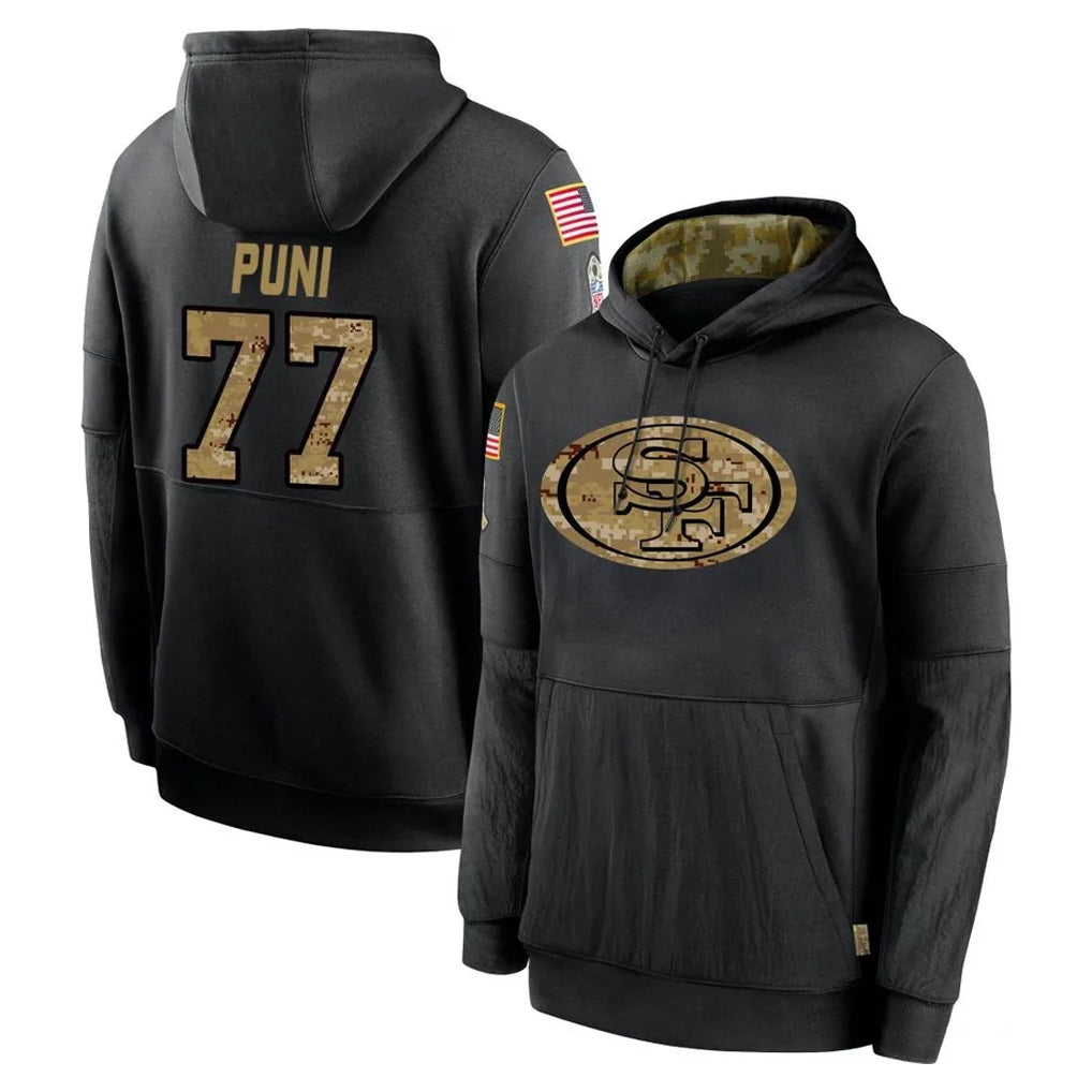 Blackjersey SF.49ers #77 Dominick Puni Player Black Salute to Service Sideline Performance Pullover Hoodies Home Game Stitched Jerseys