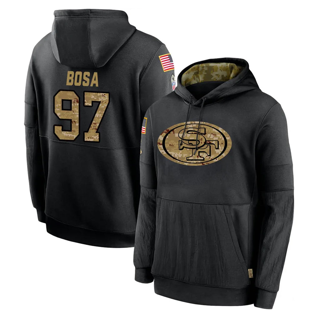 Blackjersey SF.49ers #97 Nick Bosa Player Black Salute to Service Sideline Performance Pullover Hoodies Home Game Stitched Jerseys