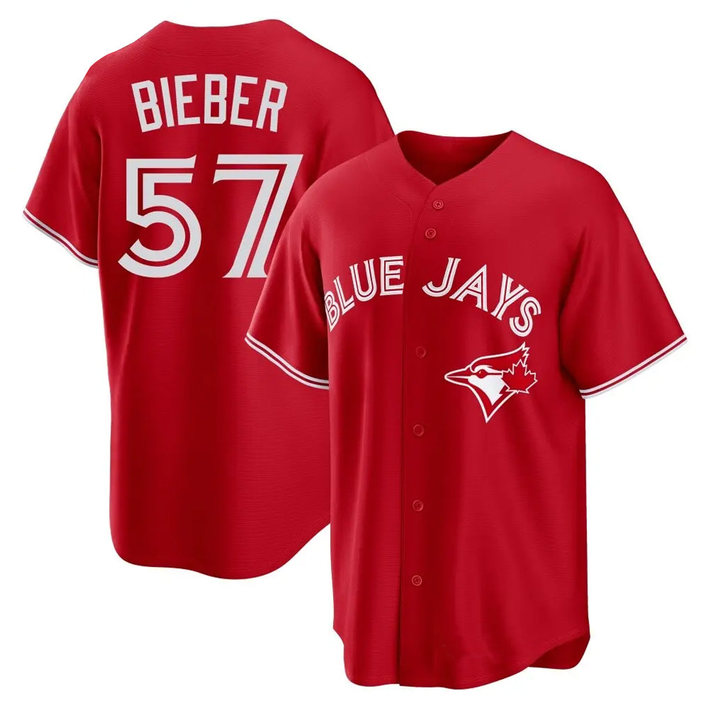 Blackjersey T.Blue Jays #57 Shane Bieber Player Red Home Stitched Jerseys