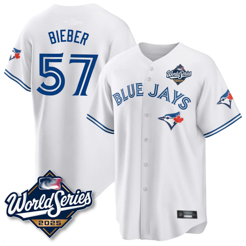 Blackjersey T.Blue Jays #57 Shane Bieber Player White 2025 World Series All Stitched Jerseys