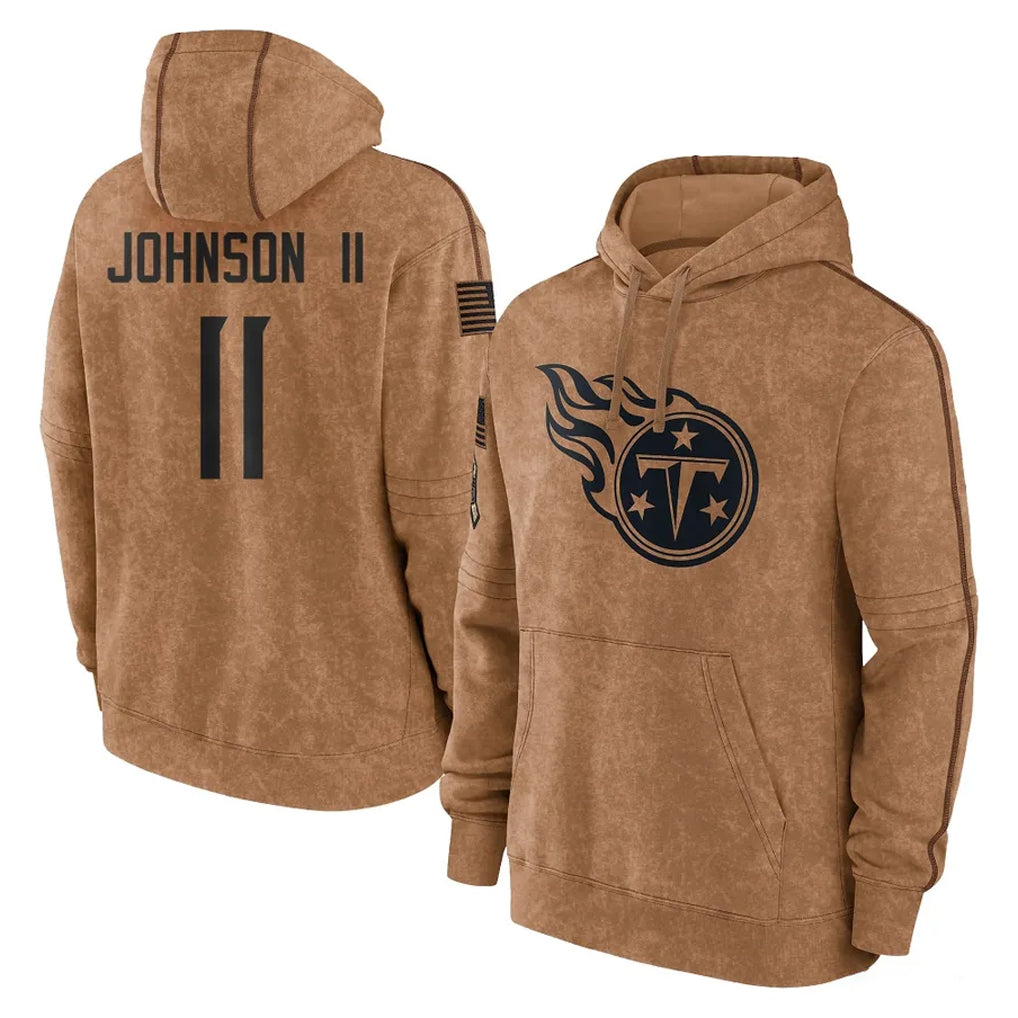 Blackjersey T.Titans #11 Jermaine Johnson II Player Brown Salute To Service Club Pullover Hoodies Home Game Stitched Jerseys