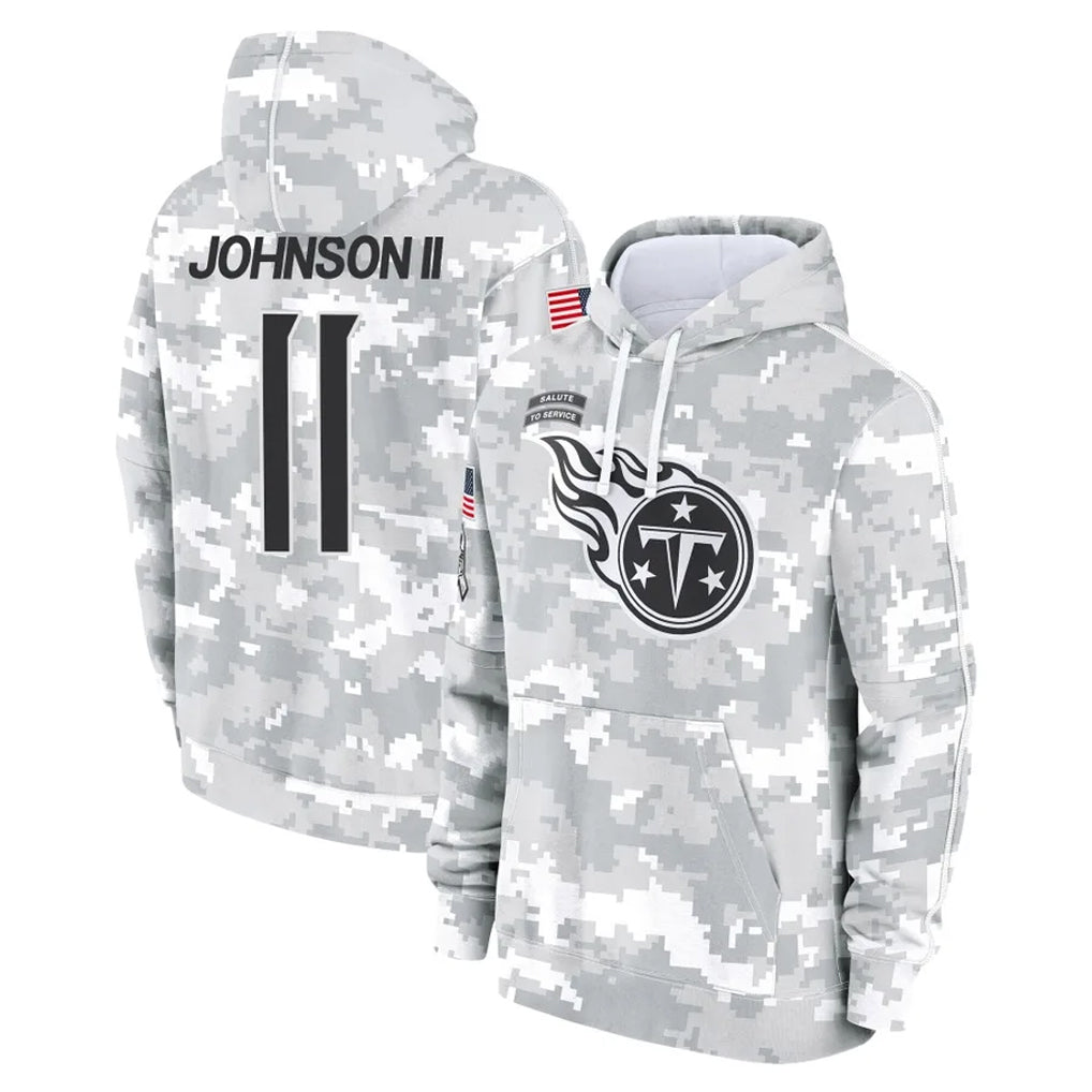 Blackjersey T.Titans #11 Jermaine Johnson II Player Camo Arctic Salute to Service Pullover Hoodies Home Game Stitched Jerseys