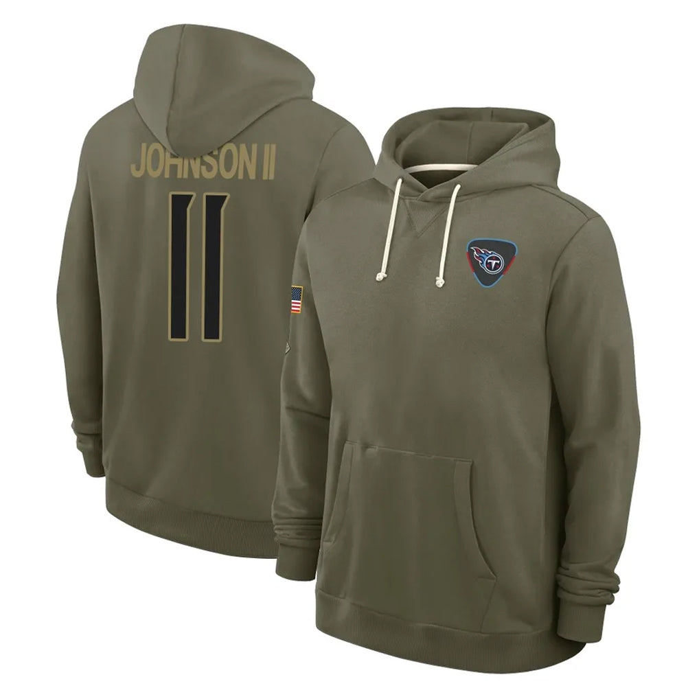 Blackjersey T.Titans #11 Jermaine Johnson II Player Olive Salute to Service Hoodies Home Game Stitched Jerseys