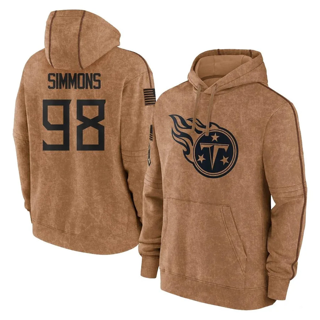 Blackjersey T.Titans #98 Jeffery Simmons Player Brown Salute To Service Club Pullover Hoodies Home Game Stitched Jerseys