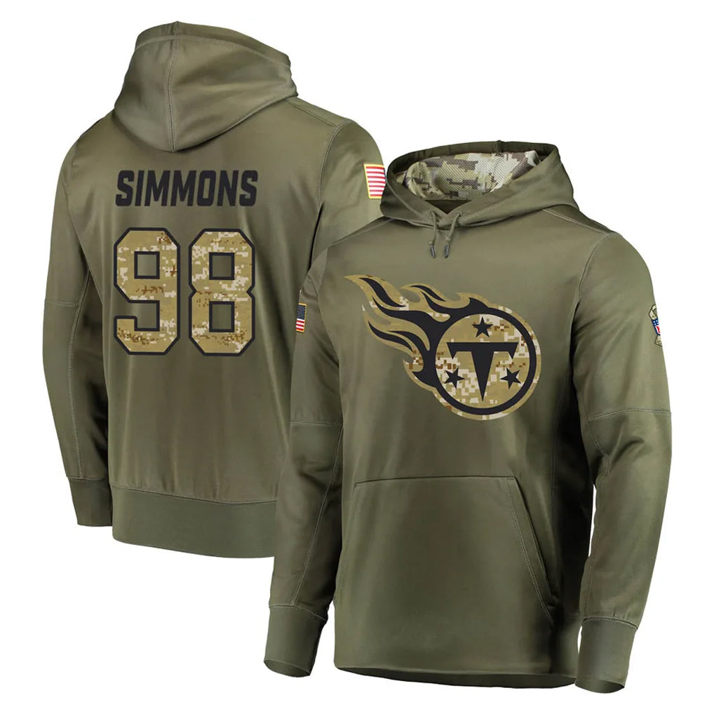 Blackjersey T.Titans #98 Jeffery Simmons Player Olive Salute to Service Pullover Hoodies Home Game Stitched Jerseys