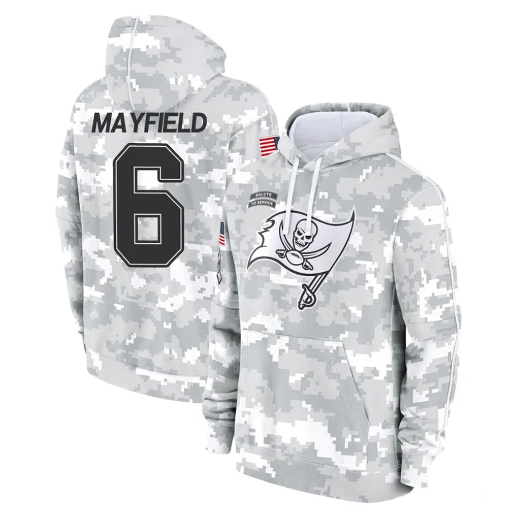 Blackjersey TB.Buccaneers #6 Baker Mayfield Player Arctic Camo Limited Salute to Service Pullover Hoodies Game Stitched Jerseys