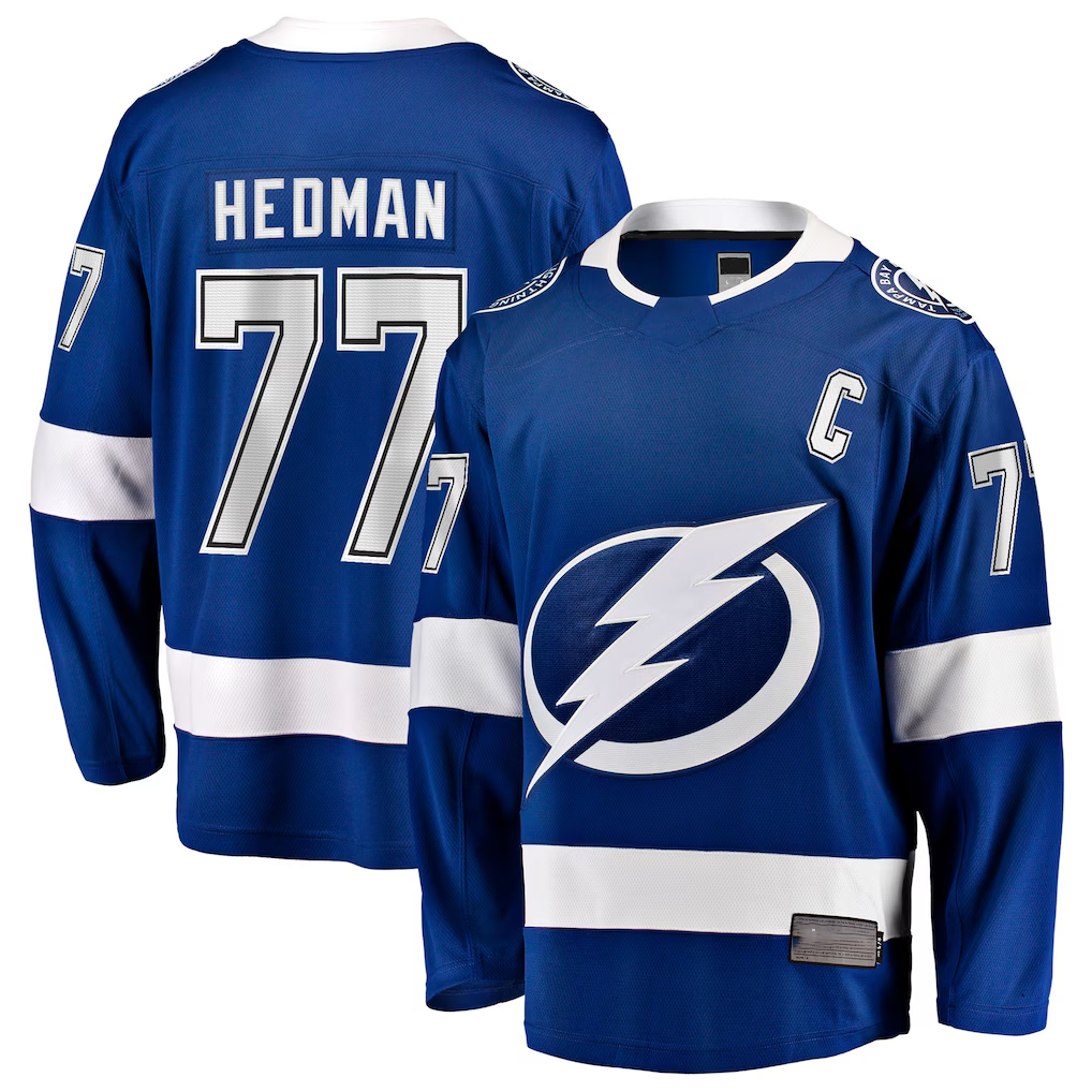 Blackjersey TB.Lightning #77 Victor Hedman Blue Home Captain Patch Breakaway Jerseys