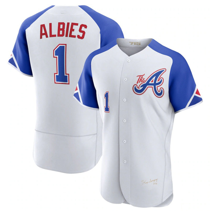 BlackjerseyAtlanta Braves #1 Ozzie Albies White  2023 City Connect Flex Base Stitched Jersey