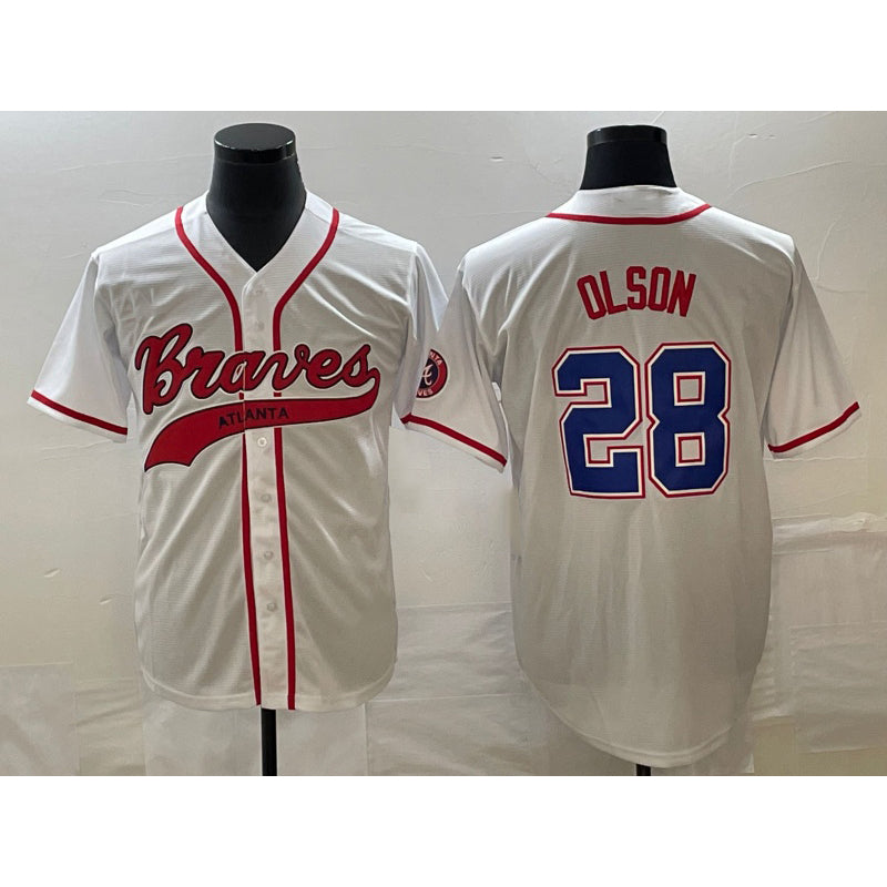 BlackjerseyAtlanta Braves #28 Matt Olson White  Cool Base With Patch Stitched Jersey 2
