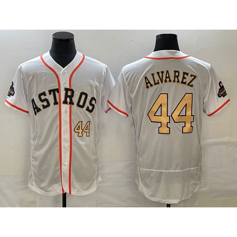Blackjersey Houston Astros #44 Yordan Alvarez Number 2023 White Gold  World Serise Champions Patch Flex Base Stitched Jersey 2