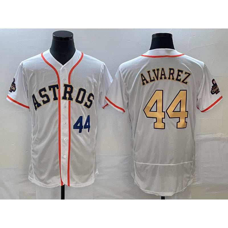 Blackjersey Houston Astros #44 Yordan Alvarez Number 2023 White Gold  World Serise Champions Patch Flex Base Stitched Jersey 3